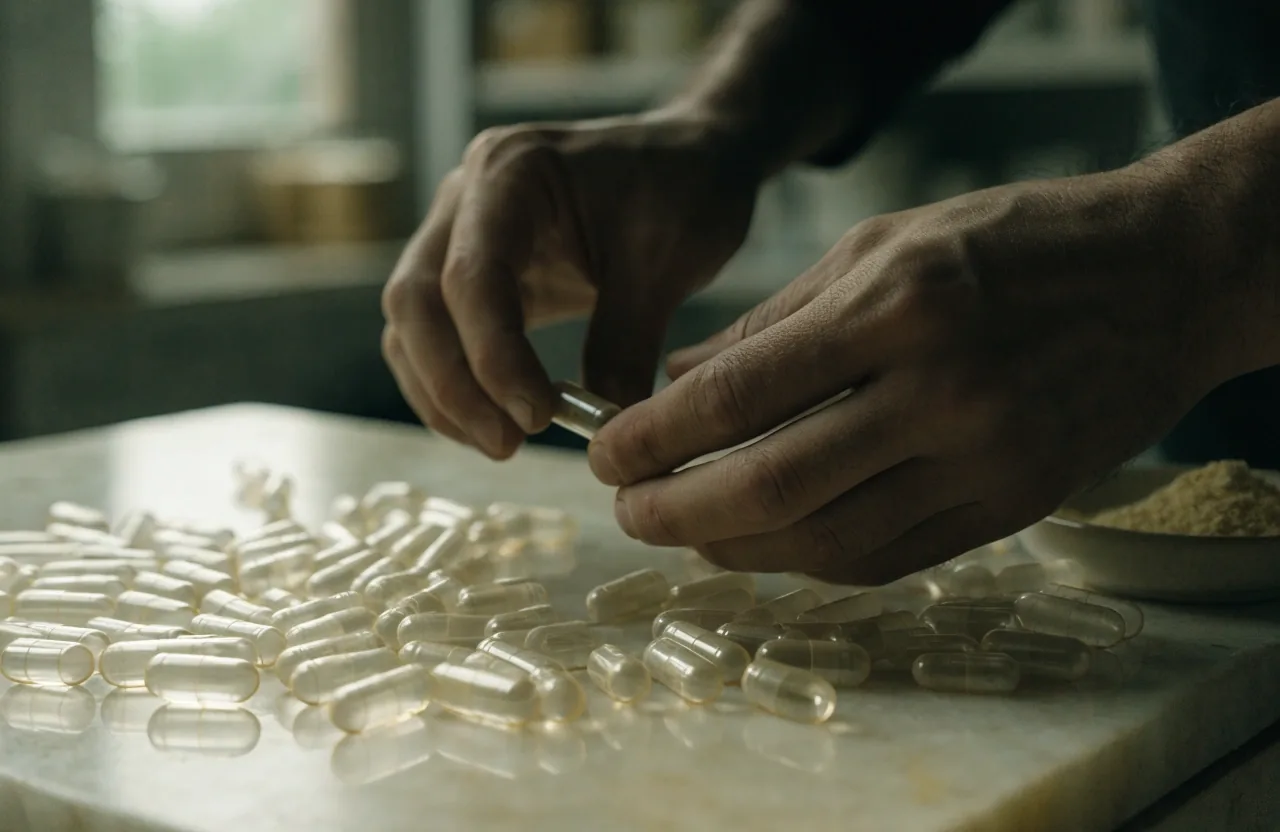 Two closed empty capsules beside a shallow dish of fine pale granule on a glass-white counter in macro detail