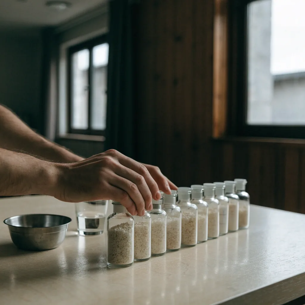 An office worktable in daylight with rows of small glass vials of extract granules and a steel bowl laid out for inspection