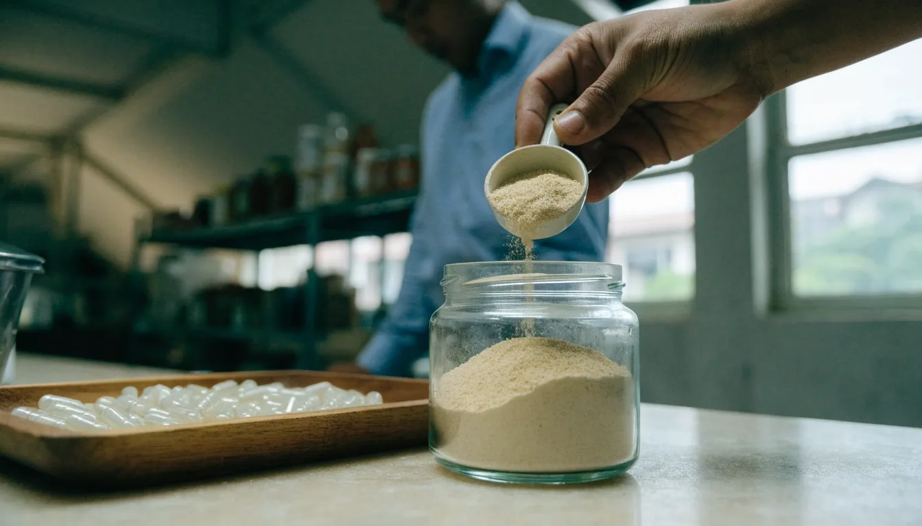 Extract granules and empty capsules laid out on a bright workbench surface
