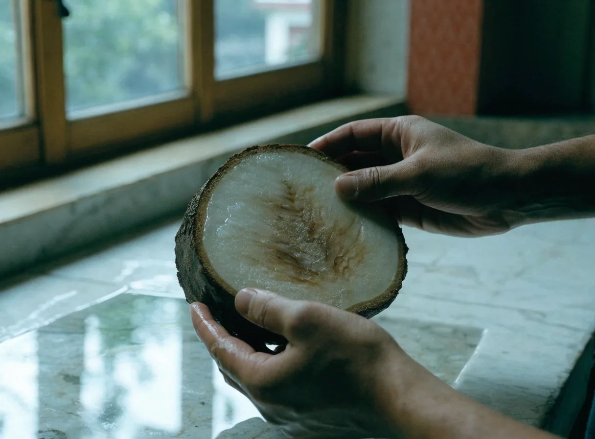 A sliced pasak bumi root laid on an ice-colored tile showing its pale fibrous cross-section