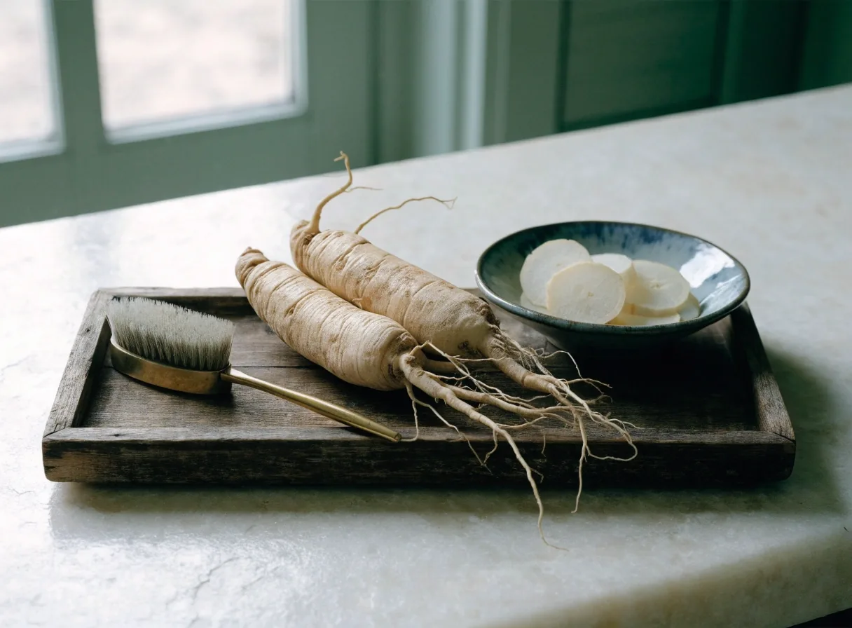 Dried ginseng roots laid out on plain paper showing their pale tan wrinkled texture