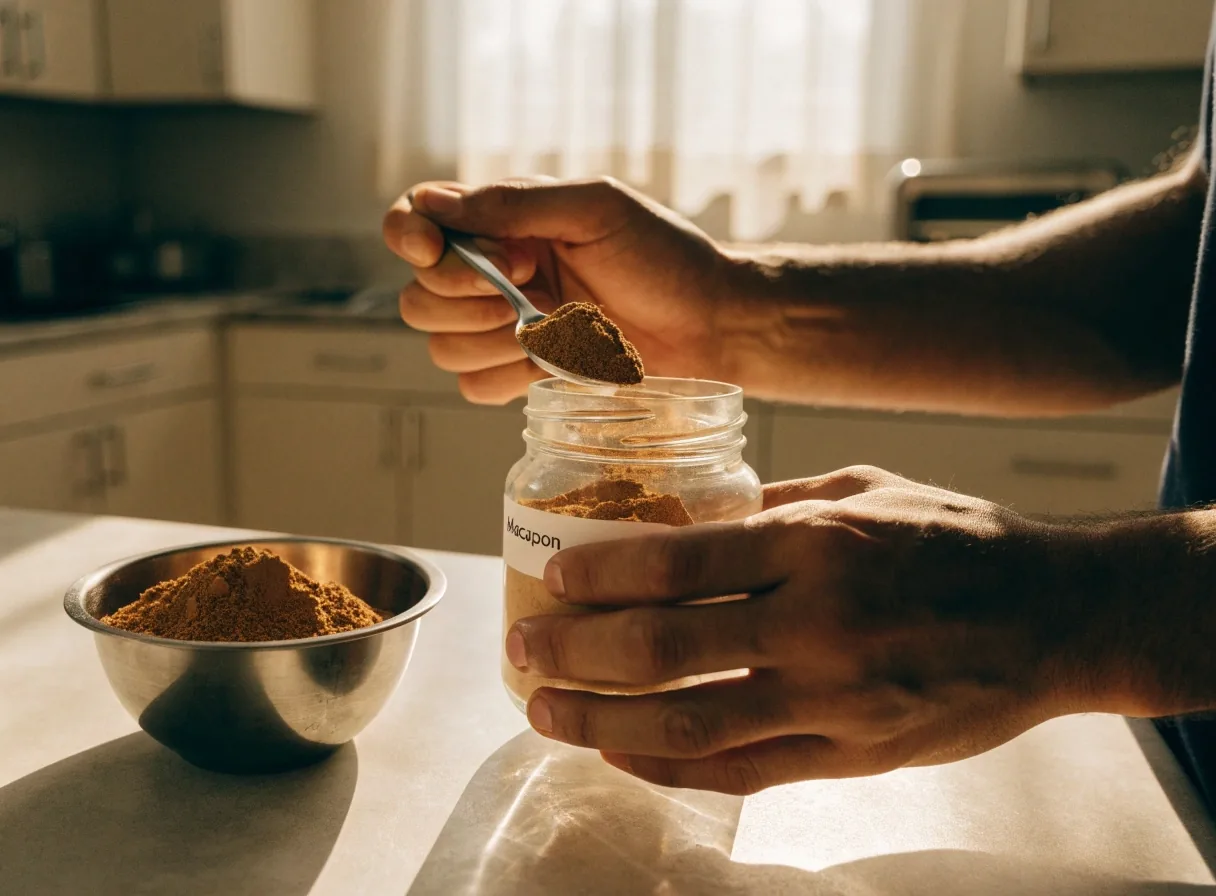 Shallow steel dish filled with milled maca root granules on a pale counter
