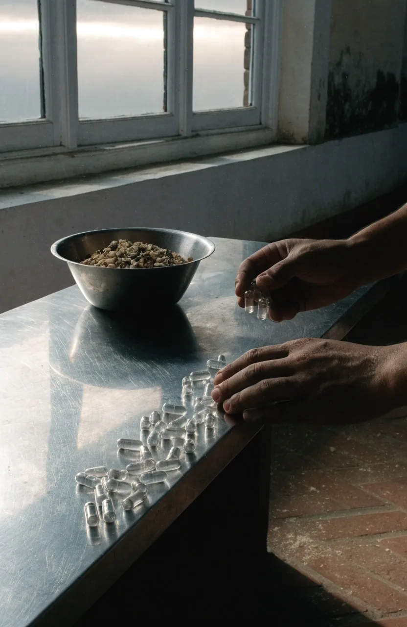 A man's hands arranging empty capsules and a bowl of extract granules on an ice-white workbench