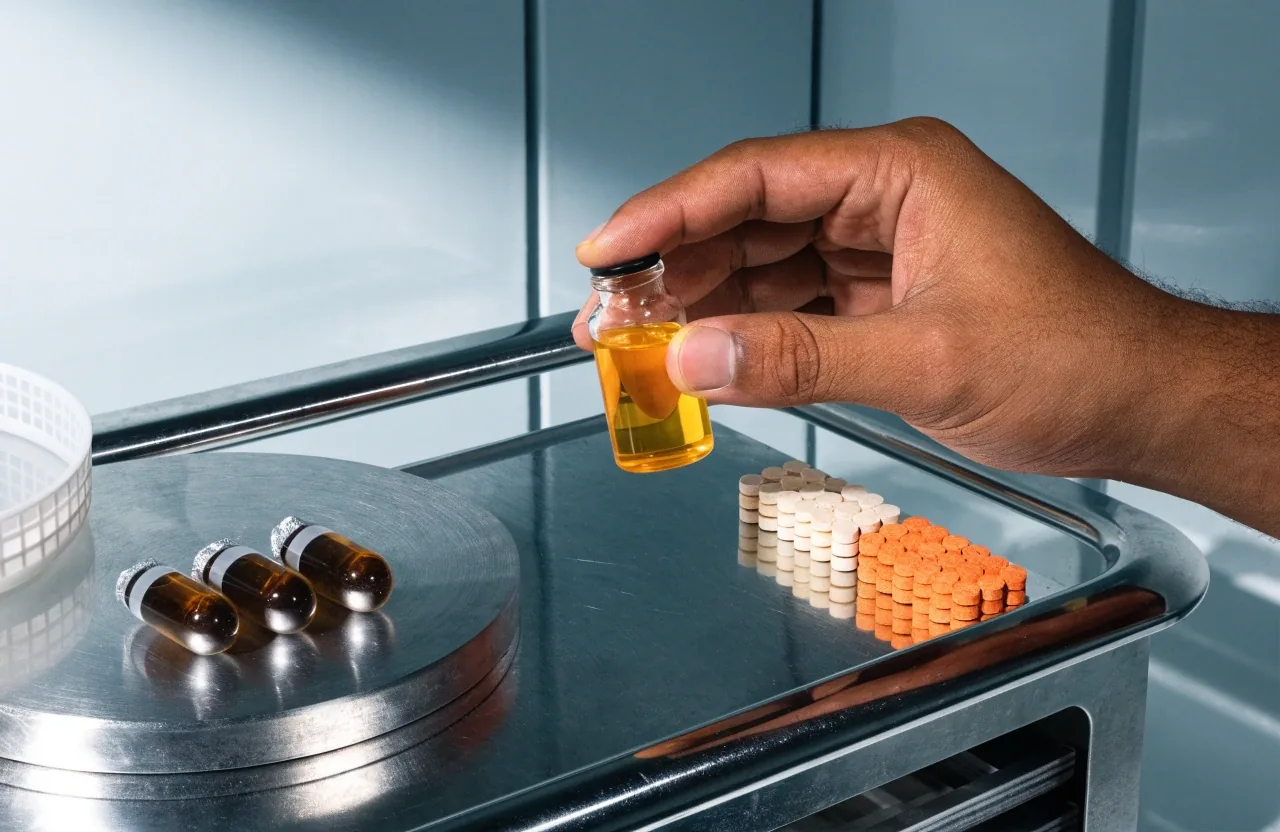 Macro of two empty capsule halves on a white surface beside a steel ruler edge