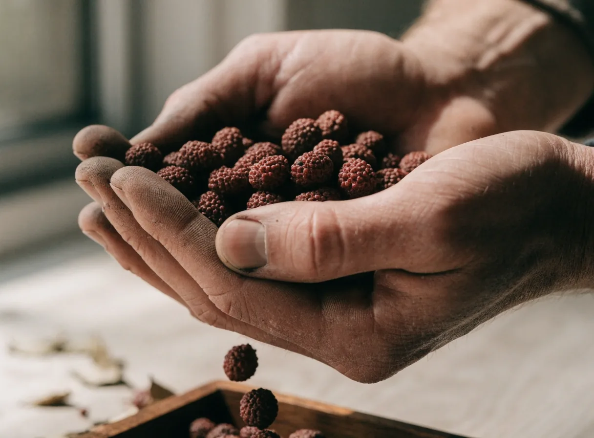 Dark saw palmetto berries clustered in a matte bowl on a white surface