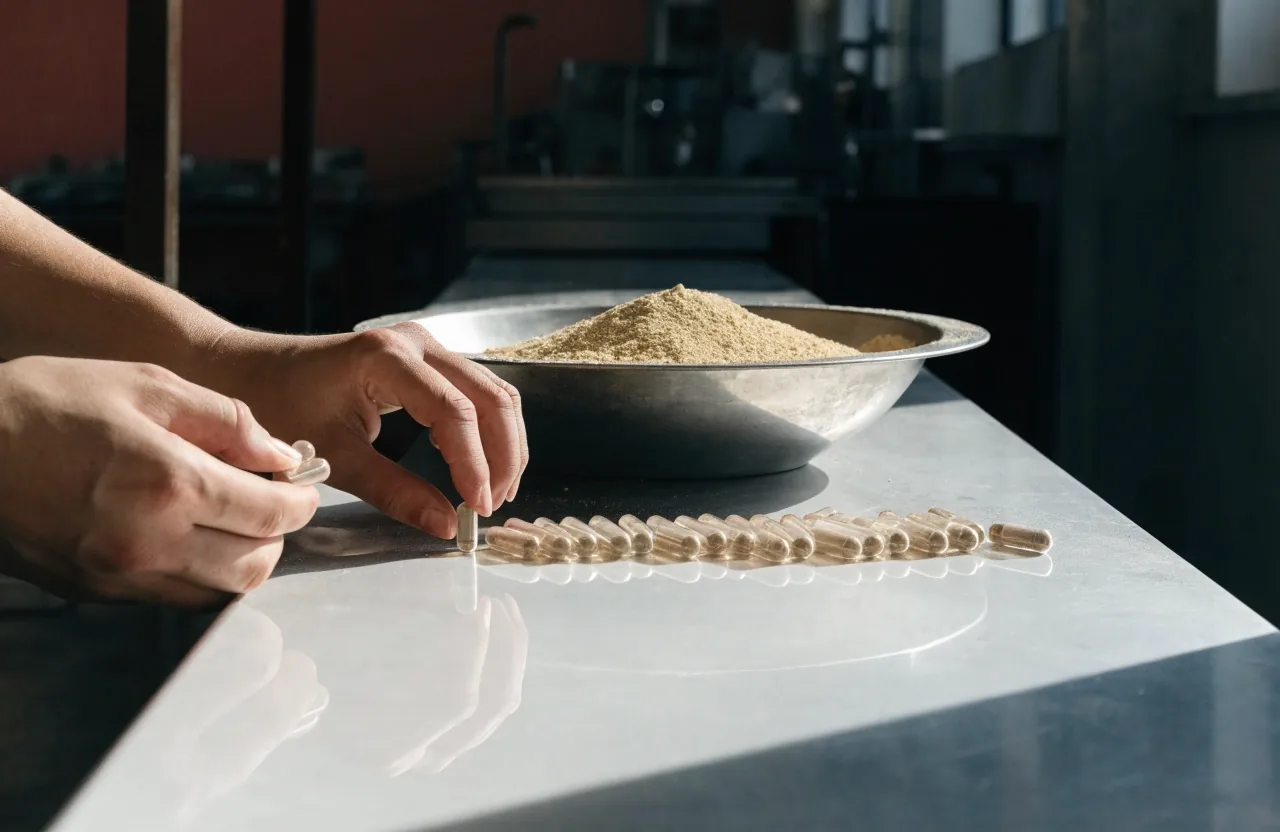 Hands preparing empty capsules and ground botanical material at an ice-white compounding counter