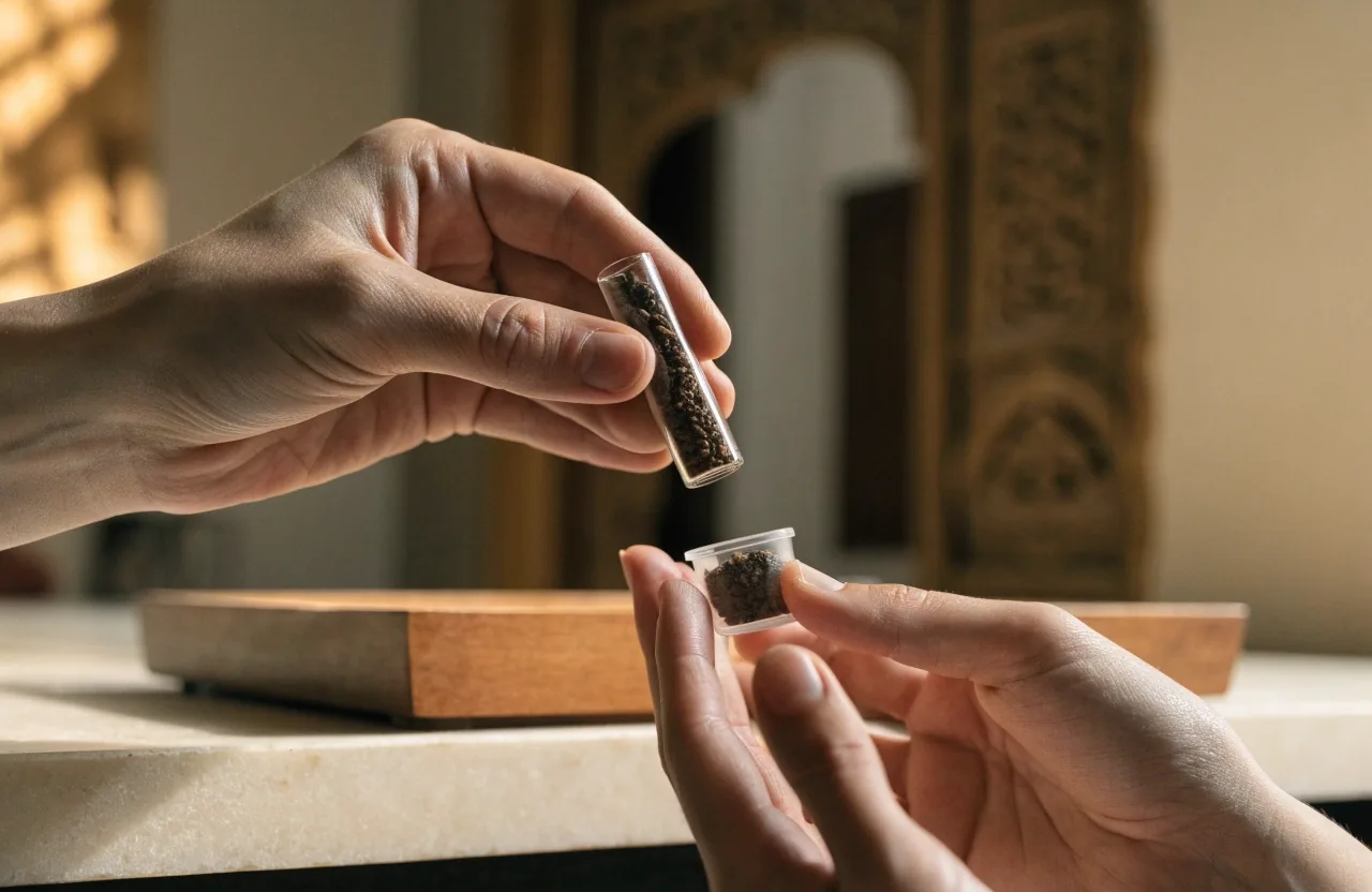 Hands passing a small container and a glass tube across a plain table