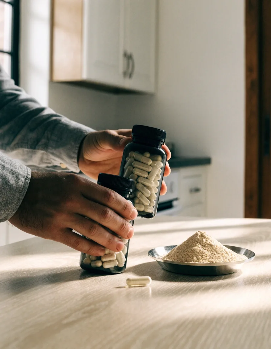 Two unbranded supplement bottles set side by side on a pale counter with granules between them
